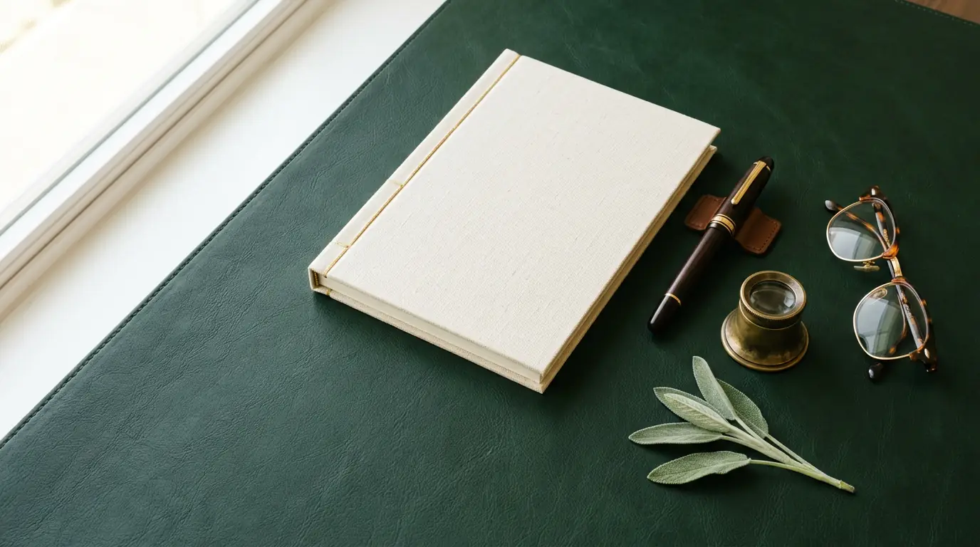 A linen notebook, fountain pen, loupe and reading glasses on a forest green leather desk