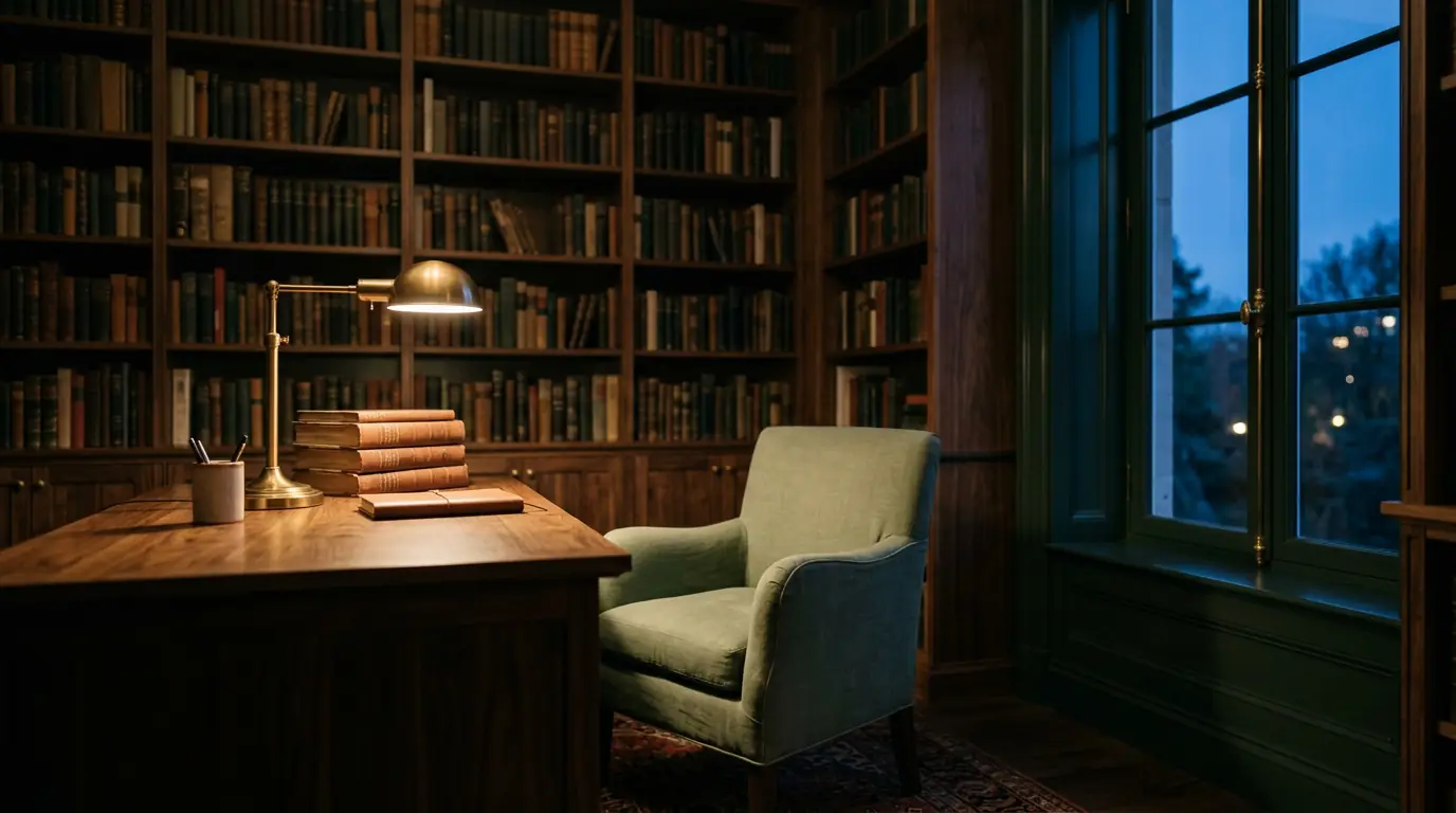 A quiet study with books and warm light